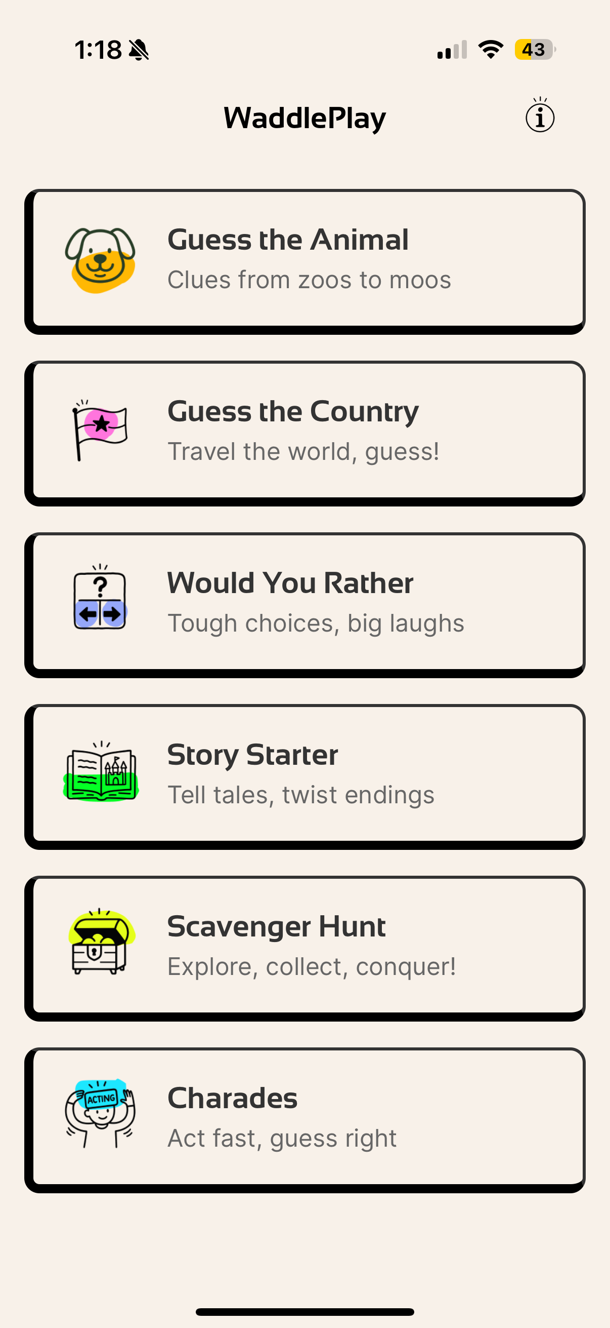WaddlePlay app home screen showing 6 fun family games